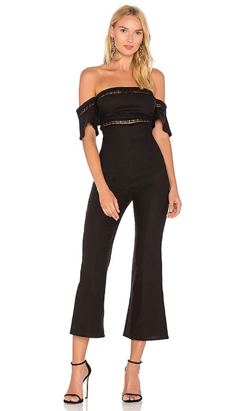 Stone Cold Fox Morrissey Linen Black Lace Crop Flare Leg Strapless Jumpsuit 2